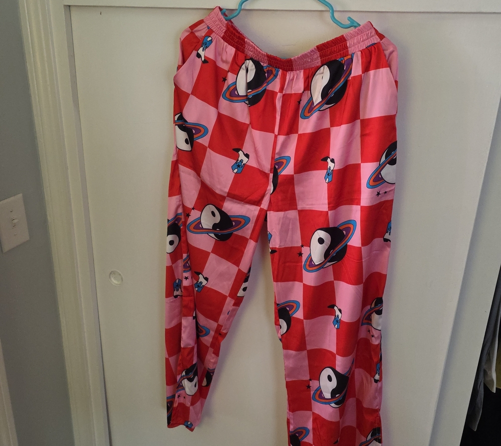 Dressed in LALA Pink and Red Checkered Penguin Space Wide-Leg Pajama Pants